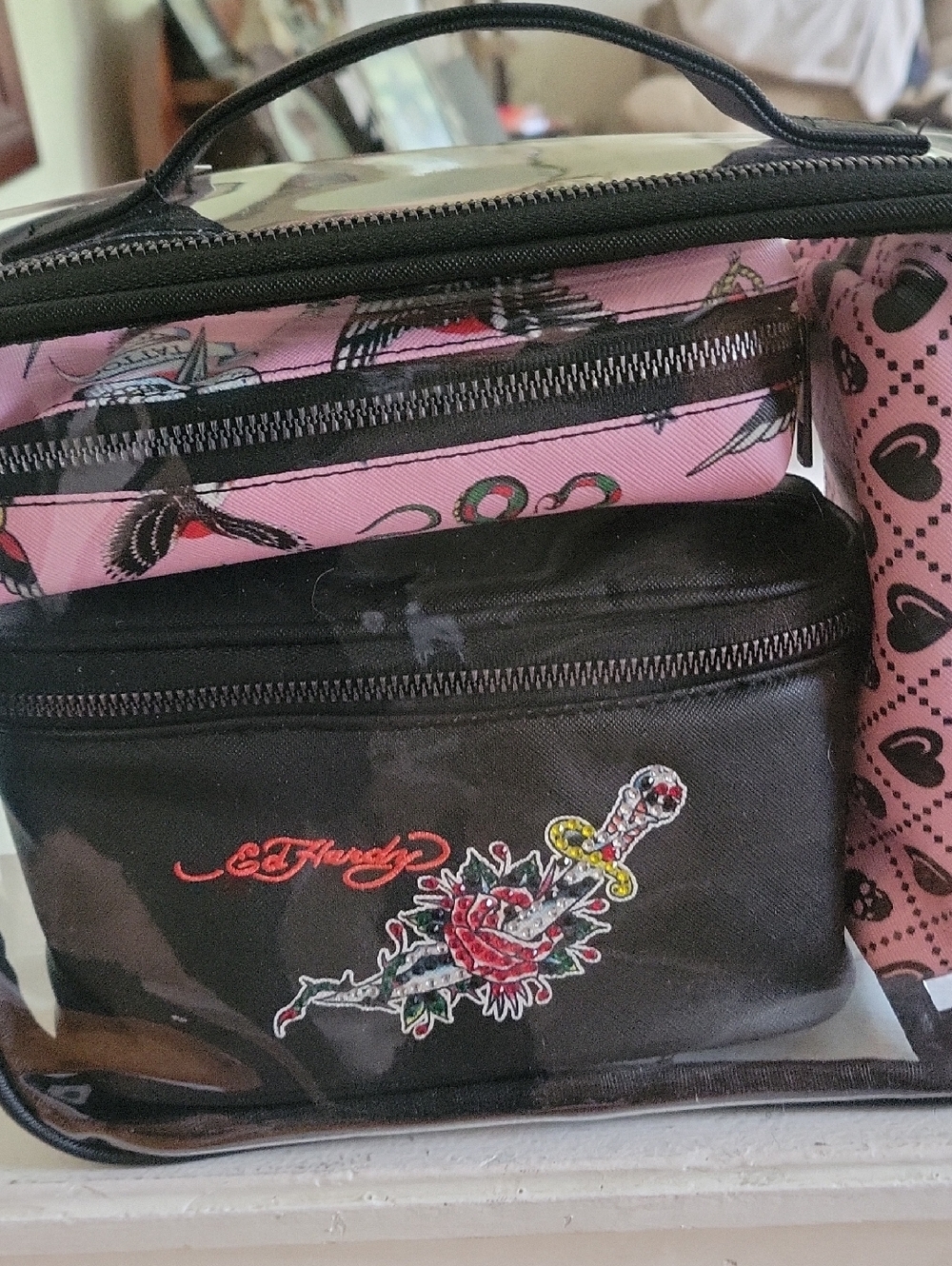 Ed Hardy Black Cosmetic Case with Pink Tattoo Print